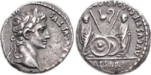 Ancient Roman Augustus. 27 BC-AD 14. AR Denarius coin: Ancient Roman Augustus. 27 BC-AD 14. Silver Denarius (16.5mm, 3.83 g, 12h). Lugdunum (Lyon) mint. Struck 2 BC-AD 12. Laureate head right / Caius and Lucius Caesars standing facing, two shields and two