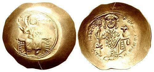 Ancient Byzantine Nicephorus III Botaniates. 1078-1081.: Ancient Byzantine Nicephorus III Botaniates. 1078-1081. EL Gold Histamenon Nomisma (29mm, 4.42 g, 6h). Constantinople mint. Christ Pantokrator enthoned facing; throne without back / Nicephorus standin