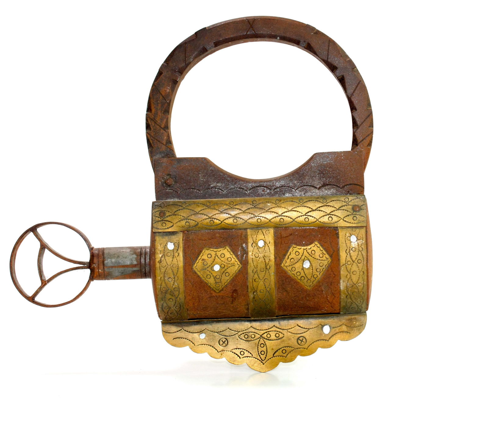 Antique Islamic Middle Eastern Lock.: Antique Islamic Middle Eastern Lock. Size 9 inches length with key x 9 inches high. Large copper and iron lock with fine ornate design. works fine. Provenance: Private New York collection.