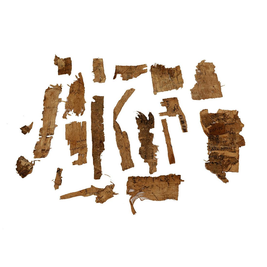 Lot of Ancient Egyptian papyrus Fragments Ptolemaic: Lot of Ancient Egyptian papyrus Fragments Ptolemaic Period c.3rd Century B.C. Size 5 1/2 - 1 1/2 inches length. Ancient papyrus fragments, with demotic script. great lot for study and research. Ex Pri