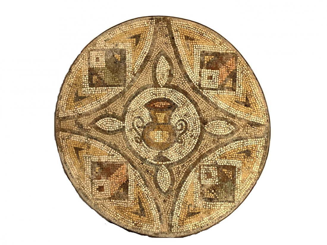 Ancient Roman Mosaic Panel with Amphora c.2nd-4th: Ancient Roman Mosaic Panel with Amphora c.2nd-4th century AD. Size 35 1/2 inches diameter. A large eastern mediterranean Roman period Mosaic stone Panel decorated with an amphora in the center within 