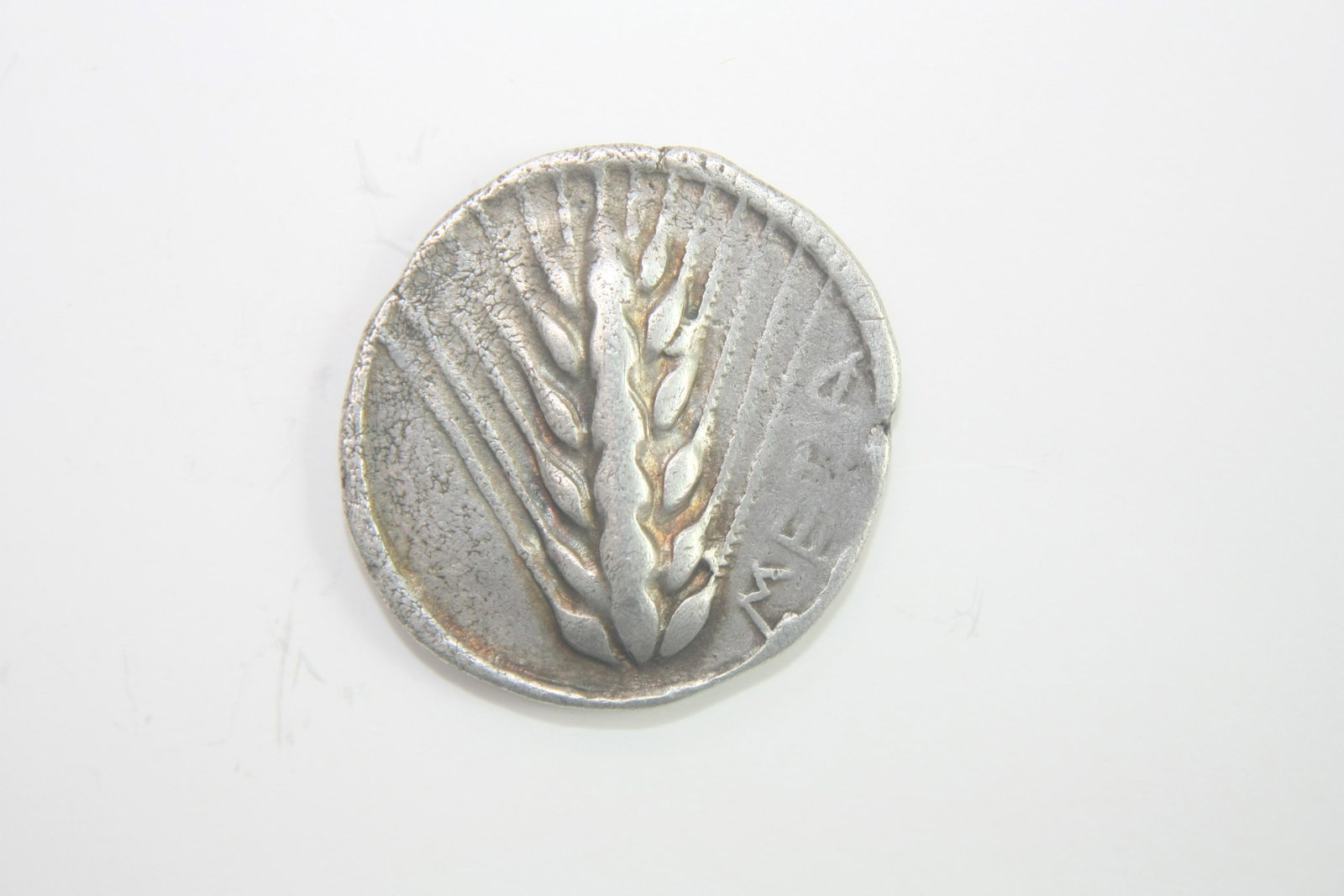 Ancient Greek LUCANIA, Metapontion. Circa 510-470 BC.: LUCANIA, Metapontion. Circa 510-470 BC. AR Nomos (23mm, 7.17 g). Ear of barley with six grains; META up right field / Incuse ear of barley with six grains. Noe Class IX, 165/166; HN Italy 1482.