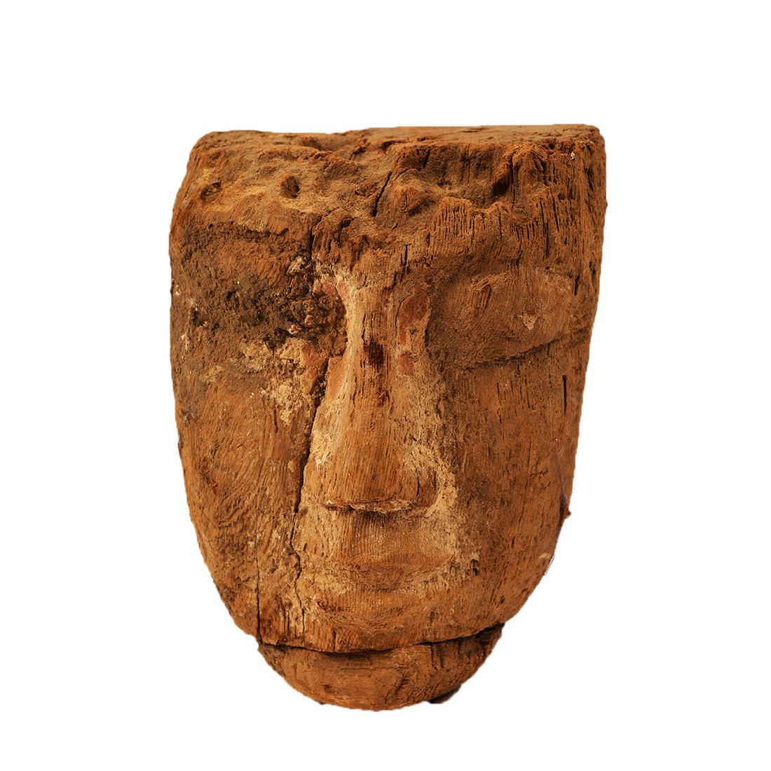 Ancient Egyptian Mummy Wood Mask c.664-332 BC.: Ancient Egyptian Mummy Wood Mask c.664-332 BC. Size 8 inches high x 5 5/8 inches wide. Large carved high relief Ancient Egyptian Mummy Wood Mask with traces of painted in white over gesso. Provenance:
