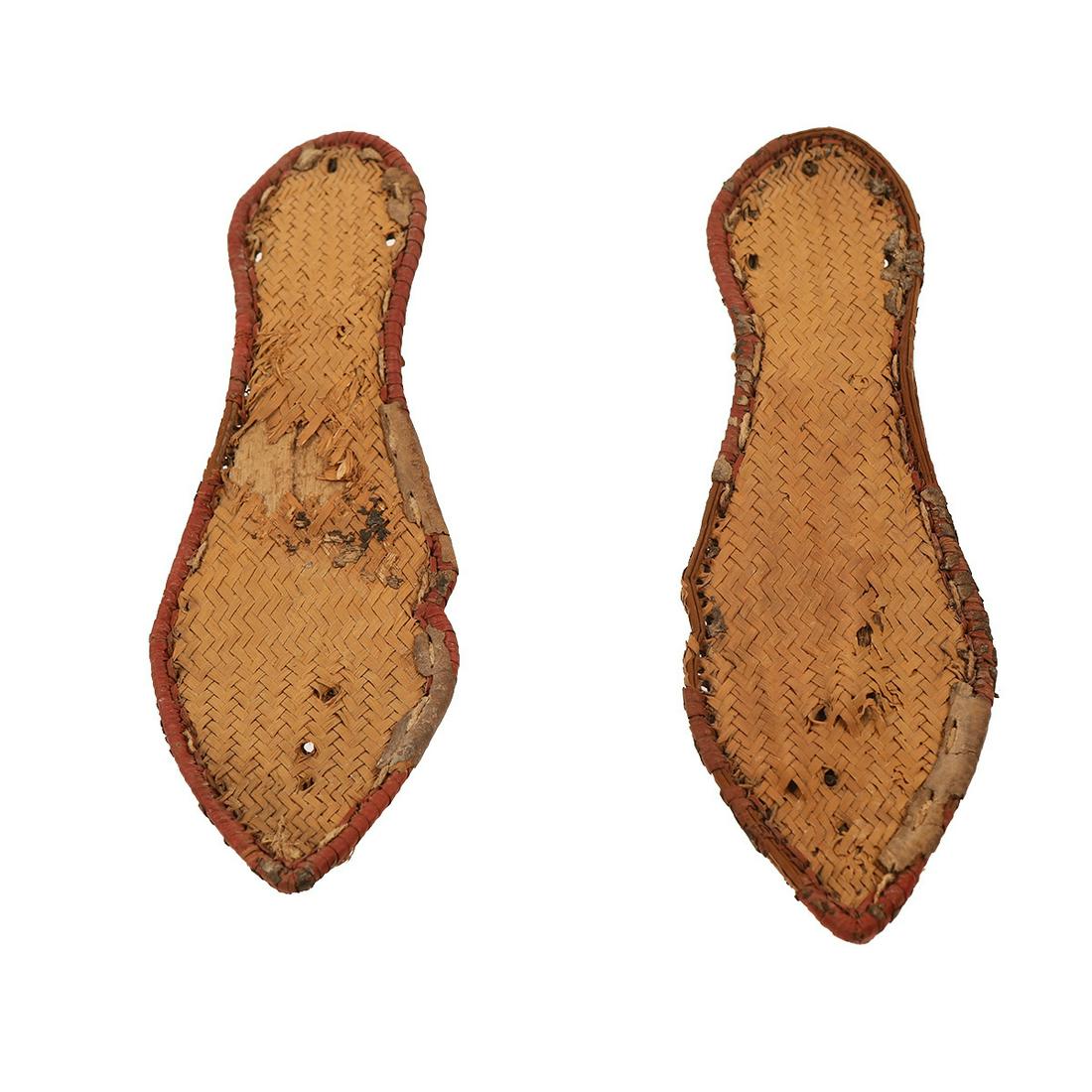 Ancient Egyptian 18th Dynasty Sandals c.1390-1352 BC.: Ancient Egyptian 18th Dynasty Sandals c.1390-1352 BC. Size 10-5/8 inches Length. 3 1/4 inches wide. A beautifully constructed fancy pair of sandals made from reed and palm leaf, laid out in a geometri
