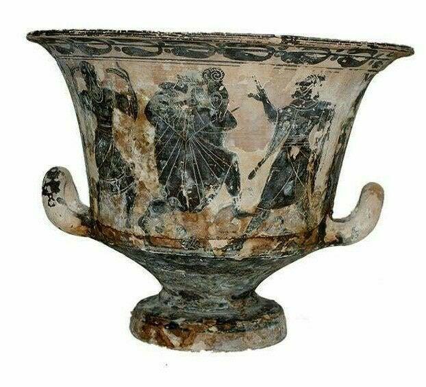 Large Greek Attic Style Pottery Krater with figures.: Large Greek Attic Style Pottery Krater with figures. Size 11 3/4 inches diameter. 8 7/8 inches high. A large pottery krater decorated with black figures.