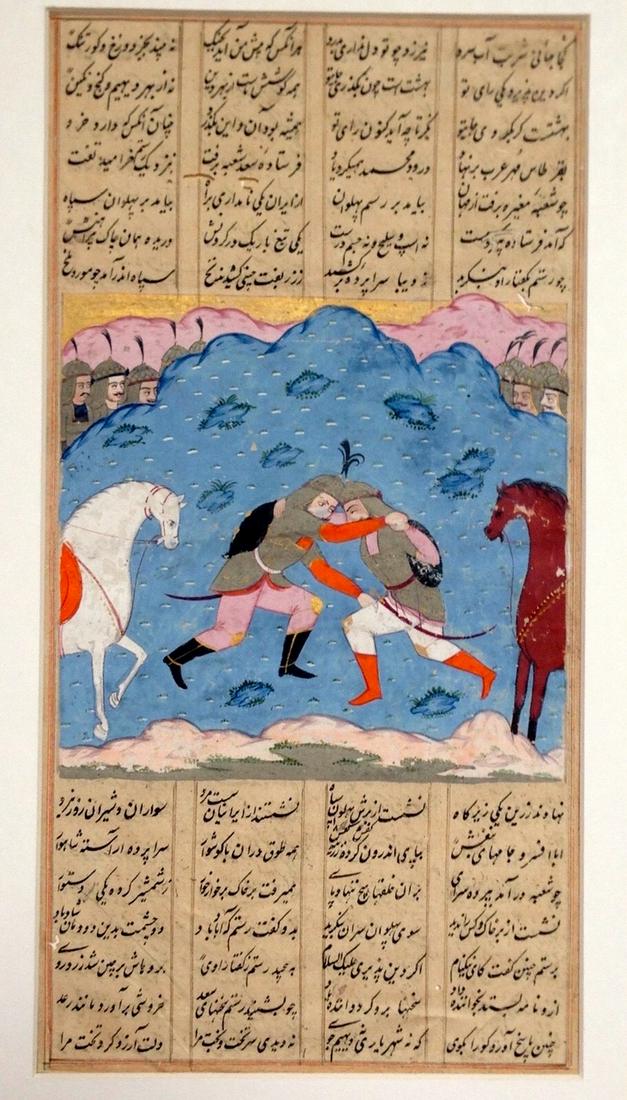 A folio from Indian shahnama, mid-19th century gouache: A folio from Indian shahnama, mid-19th century gouache with ink on paper, Size : 30.2 cm x 15.7 cm. the illustration depicting two dismounted horsemen in hand to hand combat, watched by their supporte
