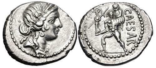The Caesarians. Julius Caesar. Late 48-47 BC. AR: The Caesarians. Julius Caesar. Late 48-47 BC. AR Denarius (19mm, 3.93 g, 6h). Military mint travelling with Caesar in North Africa. Diademed head of Venus right / Aeneas advancing left, holding pallad