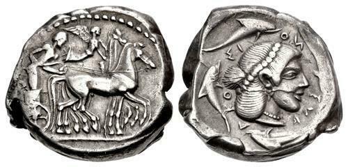 SICILY, Syracuse. Hieron I. 478-466 BC. AR Tetradrachm: SICILY, Syracuse. Hieron I. 478-466 BC. AR Tetradrachm (24.5mm, 17.39 g, 12h). Struck circa 475-470 BC. Charioteer driving quadriga right; above, Nike flying right, crowning horses / Head of Arethousa