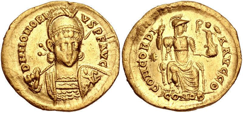 Honorius. AD 393-423. AV Solidus (21mm, 4.25 g, 6h).: Honorius. AD 393-423. AV Solidus (21mm, 4.25 g, 6h). Constantinople mint, 9th officina. Struck AD 395-402. Pearl-diademed, helmeted, and cuirassed bust facing slightly right, holding spear and shield 