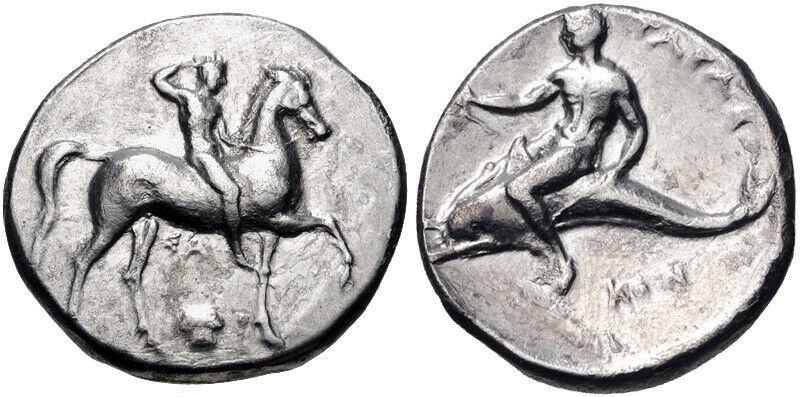 CALABRIA, Tarentum. Circa 302 BC. AR Nomos: CALABRIA, Tarentum. Circa 302 BC. AR Nomos (22mm, 7.14 g, 3h). Nude youth, crowning himself, on horse walking right; below, ?A above Ionic capital / Phalanthos, holding serpent, riding dolphin left; K