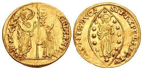 Pietro Grimani. 1741-1752. AV Zecchino (23mm, 3.44 g,: Pietro Grimani. 1741-1752. AV Zecchino (23mm, 3.44 g, 4h). St. Mark standing right and Doge kneeling left, holding long cross between them / Christ standing facing within mandorla containing sixteen s