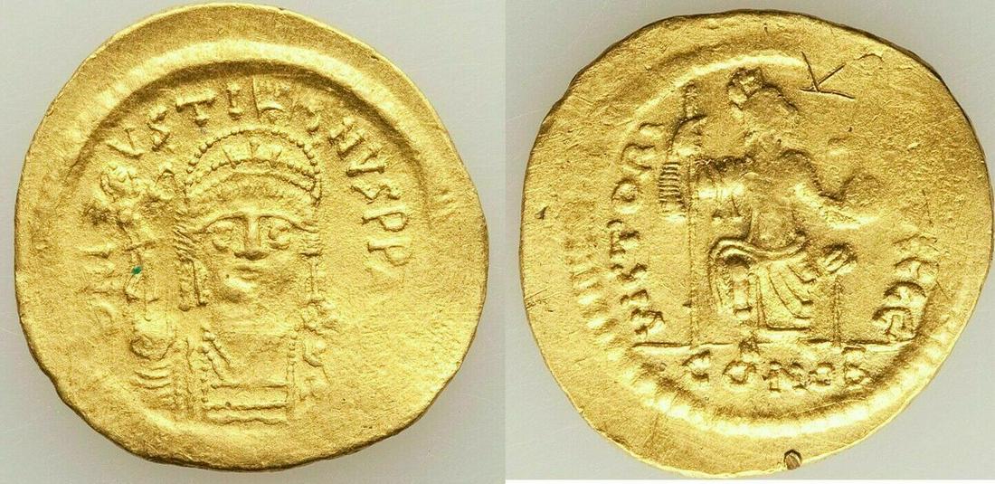 Justin II (AD 565-578). AV solidus (21mm, 4.45 gm, 6h).: Justin II (AD 565-578). AV solidus (21mm, 4.45 gm, 6h). VF, graffiti Constantinople, 5th officina. D N I-VSTI-NVS PP AVG, cuirassed bust of Justin II facing, beardless, wearing plumed helmet with pend