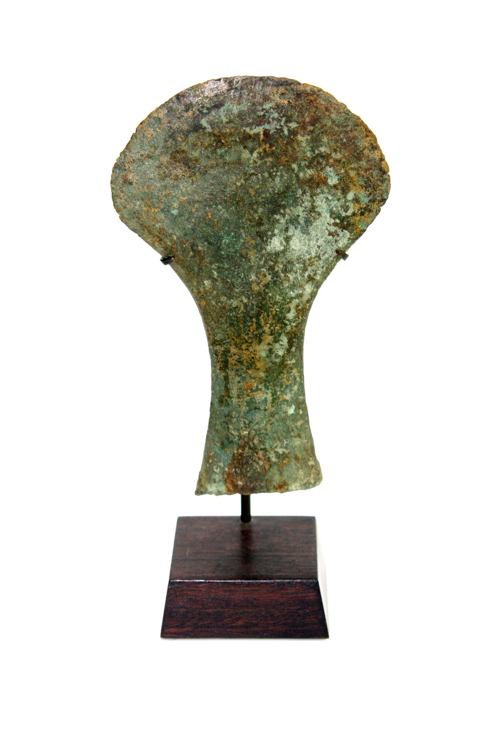 Ancient Luristan Bronze Axe head c.1000 BC.: Ancient Luristan Bronze Axe head c.1000 BC. Size 5 5/8 inches length + mount. Rare form Hollow bronze axe head with nice brown patina. Custom mounted. Ex MD Estate