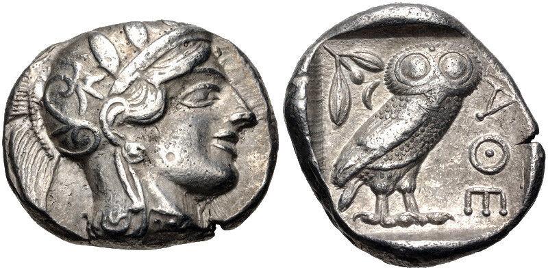 ATTICA, Athens. Circa 454-404 BC. AR Tetradrachm: ATTICA, Athens. Circa 454-404 BC. AR Tetradrachm (25.5mm, 17.13 g, 4h). Helmeted head of Athena right, with frontal eye / Owl standing right, head facing; olive sprig and crescent behind; all within i