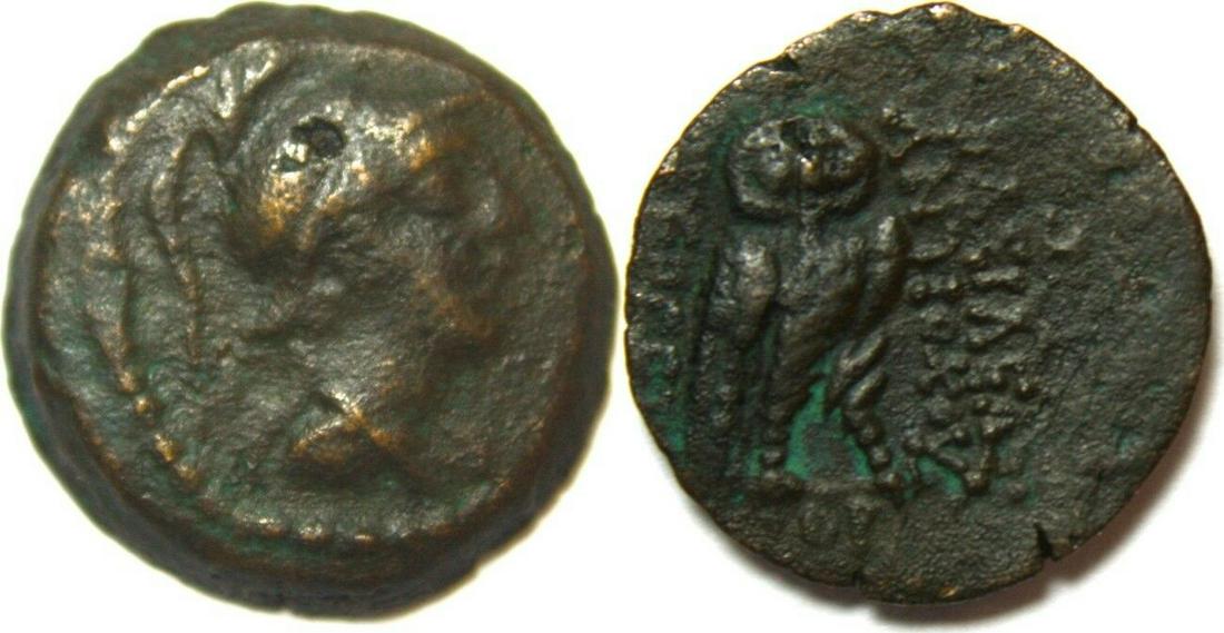 SELEUKID KINGS of SYRIA. Antiochos VII Euergetes: SELEUKID KINGS of SYRIA. Antiochos VII Euergetes (Sidetes). 138-129 BC. Ã† 16mm (3.02grams). Ake-PtolemaÃ¯s mint. Helmeted head of Athena right / Owl standing facing; SC 2119.5. Choice VF.