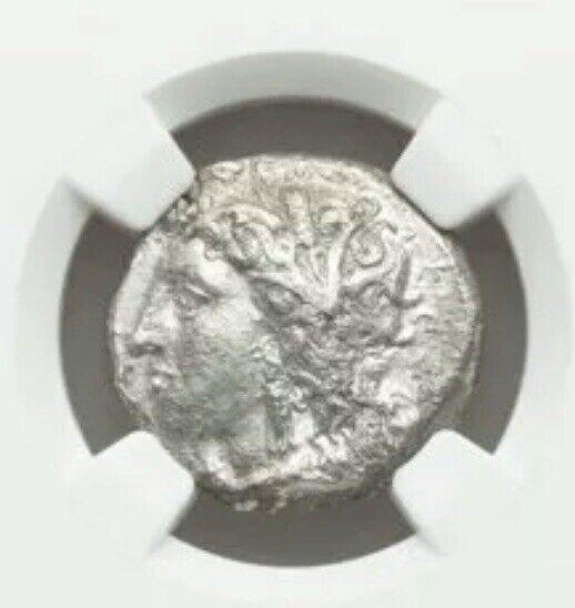 LUCANIA. Metapontum. Ca. 330-280 BC. AR stater: LUCANIA. Metapontum. Ca. 330-280 BC. AR stater or nomos (20mm, 5h). NGC VF. Head of Demeter left, hair loose and wreathed in grain ears, wearing triple pendant earring / META, barley ear with seven gr