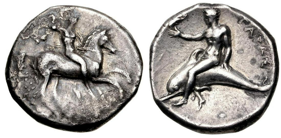 CALABRIA, Tarentum. Circa 280 BC. AR Nomos: CALABRIA, Tarentum. Circa 280 BC. AR Nomos (21.5mm, 7.78 g, 11h). Nude warrior, preparing to throw spear and holding shield and two more spears, on horse rearing right; [?I to left, ?YK?N below] / Pha