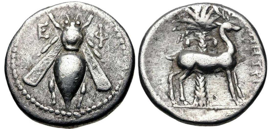 IONIA, Ephesos. Circa 202-150 BC. AR Drachm: IONIA, Ephesos. Circa 202-150 BC. AR Drachm (18mm, 4.05 g, 12h). Metras(?), magistrate. Bee / Stag standing right; palm tree in background; MHTP[A??] to right. Kinns, Attic p. 88; Pozzi 2434. Lightly