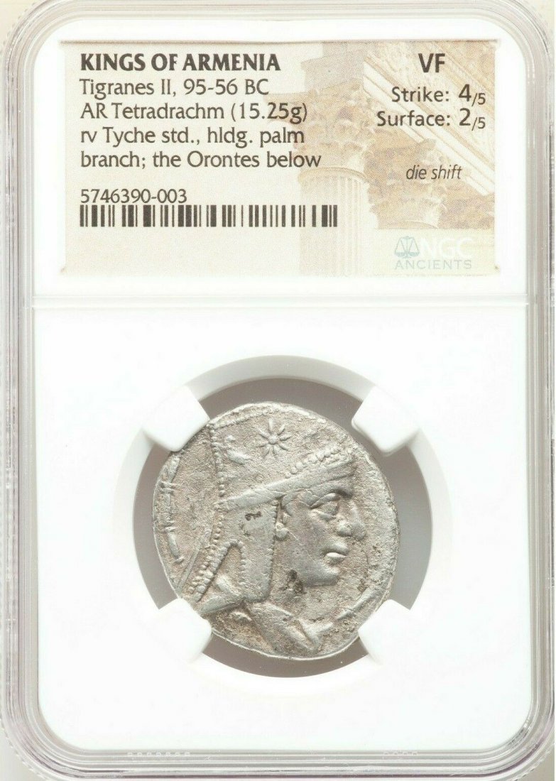 ARMENIAN KINGDOM. Tigranes II the Great (95-56 BC).Coin: ARMENIAN KINGDOM. Tigranes II the Great (95-56 BC). Silver tetradrachm (29mm, 15.25 gm, 1h). NGC VF 4/5 - 2/5, die shift. Tigranocerta, ca. 80-68 BC. Diademed and draped bust right, wearing tiara with