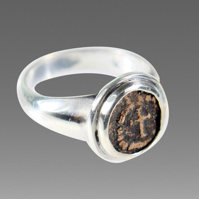 Ancient Byzantine Bronze Coin Set in Silver Ring. (1 of 1)
