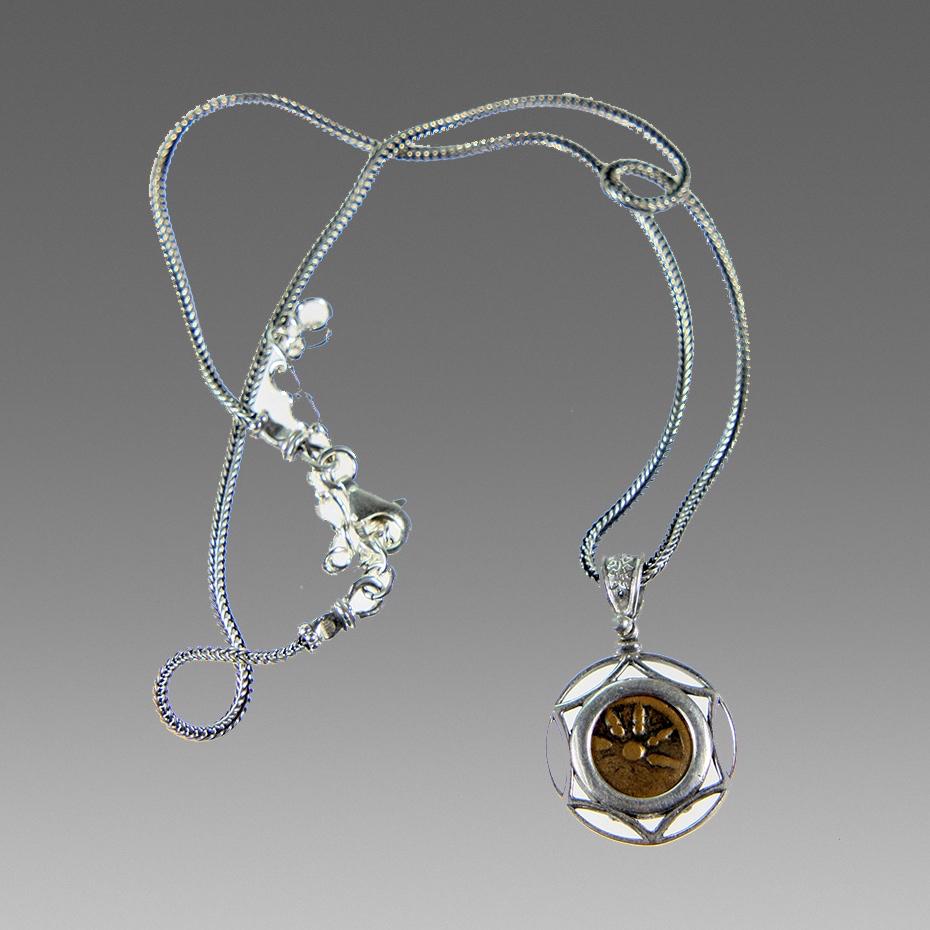 Ancient Holy Land Widows Mite Biblical Bronze Coin Set: Ancient Holy Land Widows Mite Biblical Bronze Coin Set in Silver necklace. Size of necklace 16 1/4 inches length + extension, Size of pendant 20 mm diameter. Ancient Holy Land Bronze coin Widows Mite 