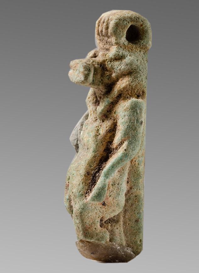 Ancient EGYPTIAN Faience Hippo god Tawaret Amulet Late: Ancient EGYPTIAN Faience Hippo god Tawaret Amulet Late Dynastic Period. 664-332 BCE. Size 1 1/4 inches high. Fine blue Faience hippo god Amulet. suspension loop. Fine quality and details. Provenance: 