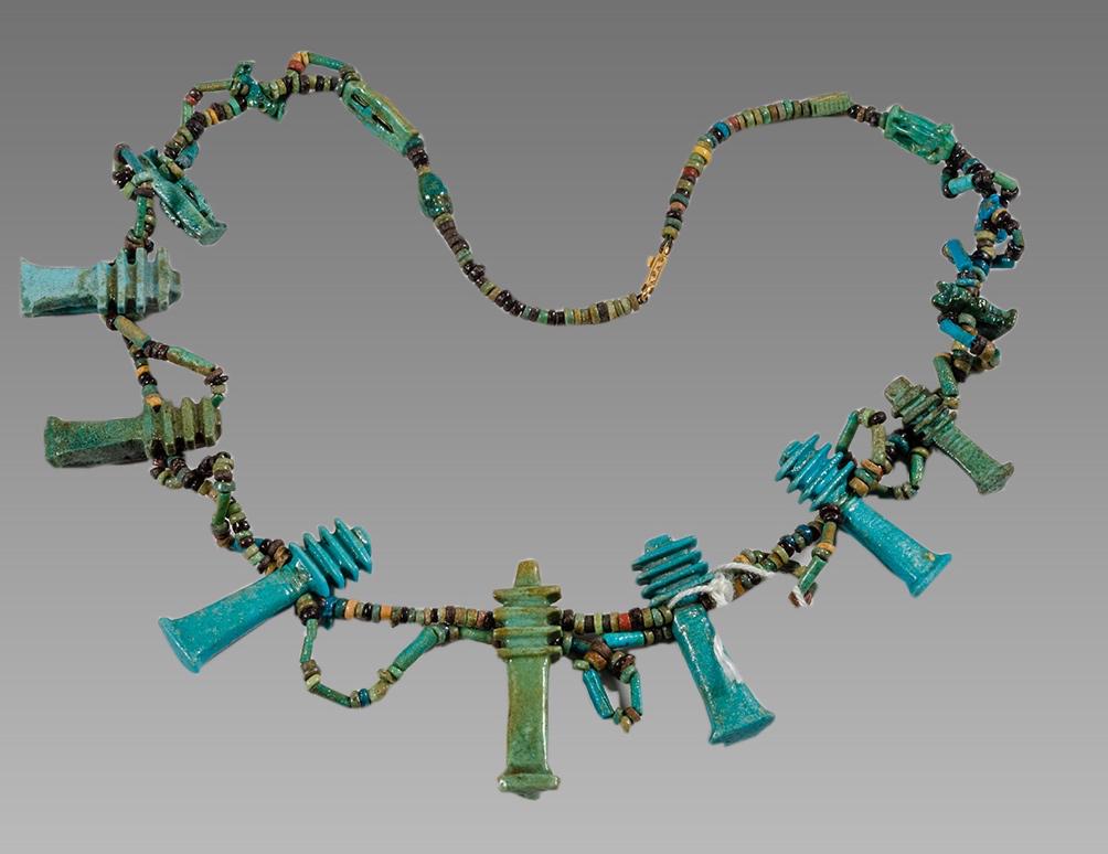 Ancient EGYPTIAN Faience Bead Necklace with 7 Djed (1 of 1)