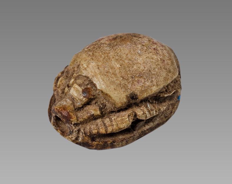 Ancient Egyptian Steatite stone Scarab c.1500-1100 BCE.: Ancient Egyptian Steatite stone Scarab c.1500-1100 BCE. Size 15 x 10 mm. Glazed steatite scarab New Kingdom with stealized beatle back and bezel with hieroglyphs in a oval border. Provenance: Ex Secre