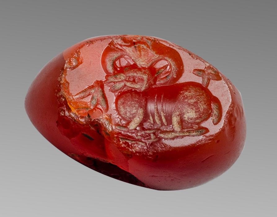 Ancient Sasanian Carnelian Stamp Seal c.600 AD.: Ancient Sasanian Carnelian Stamp Seal c.600 AD. Size 15 x 13 mm. Carved Carnelian Stamp seal with seated antalope. Gobl.55a ver. Provenance: Ex Eldert Bontekoe, Pegasi. Ann Harbor Michigan, USA