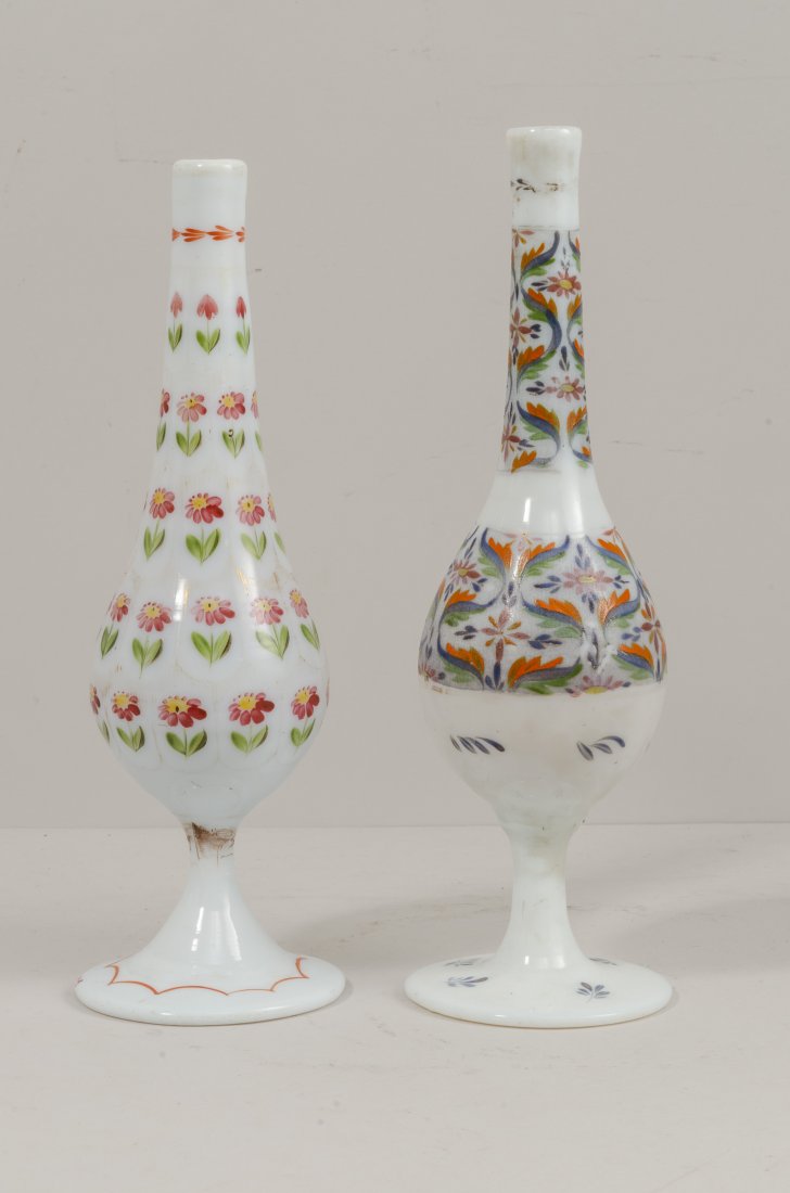 Lot of 2 19th century Turkish Bohemian Beykoz Rosewater: Lot of 2 19th century Turkish Bohemian Beykoz Rosewater Bottles. Size 10 1/8 - 10 1/2 inches high. Lovely matching pair of rosewtaer footed glass bottles decorated with floral design. Ex Dr Joseph Tou