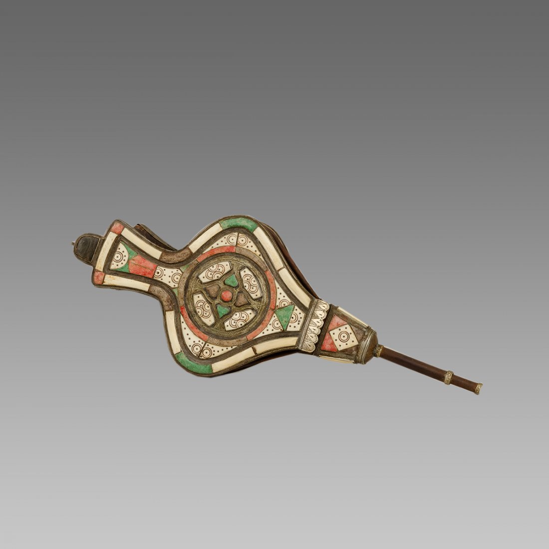 Antique Middle Eastern Air Pump.: Antique Middle Eastern Air Pump. Size 24 inches length x 9 1/4 inches wide. Fine manual wood and leather air pump with bone plaques decoration . Ex Dr Joseph Touma.