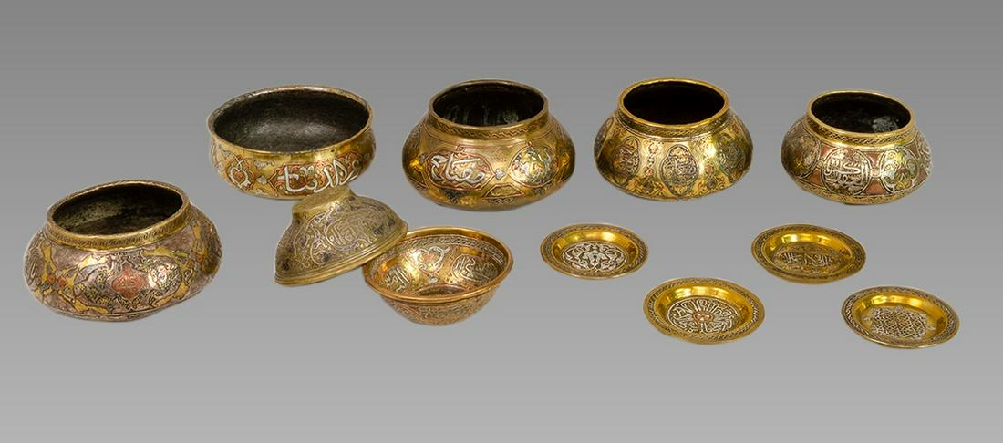 Lot of 9 Mamluk Revival Islamic Silver Inlaid Brass (1 of 2)