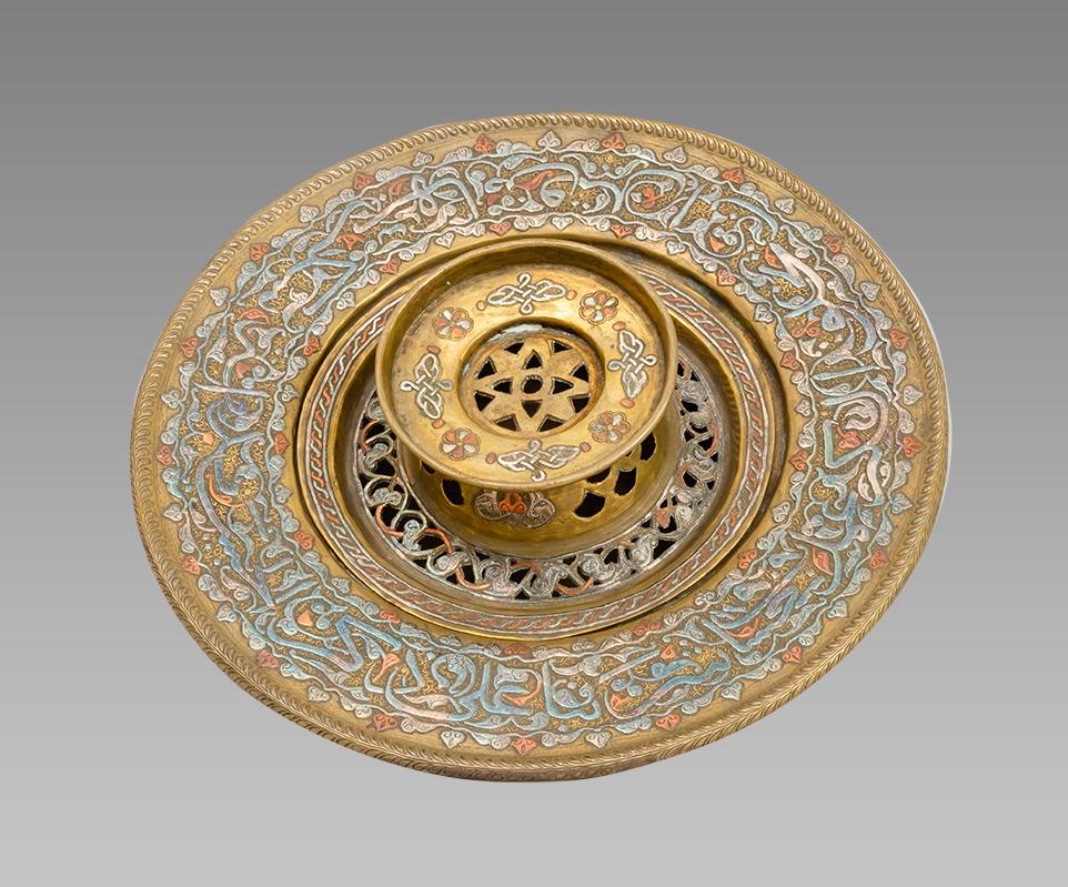 Mamluk revival Syrian Silver Inlaid Brass Basin. (1 of 1)