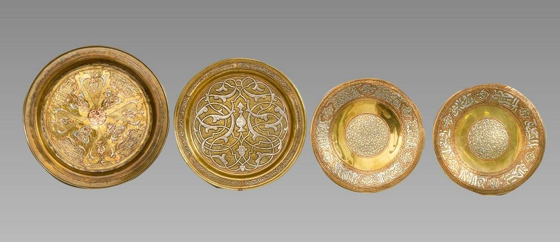 Mamluk revival Syrian Silver Inlaid Brass Trays (4). (1 of 1)