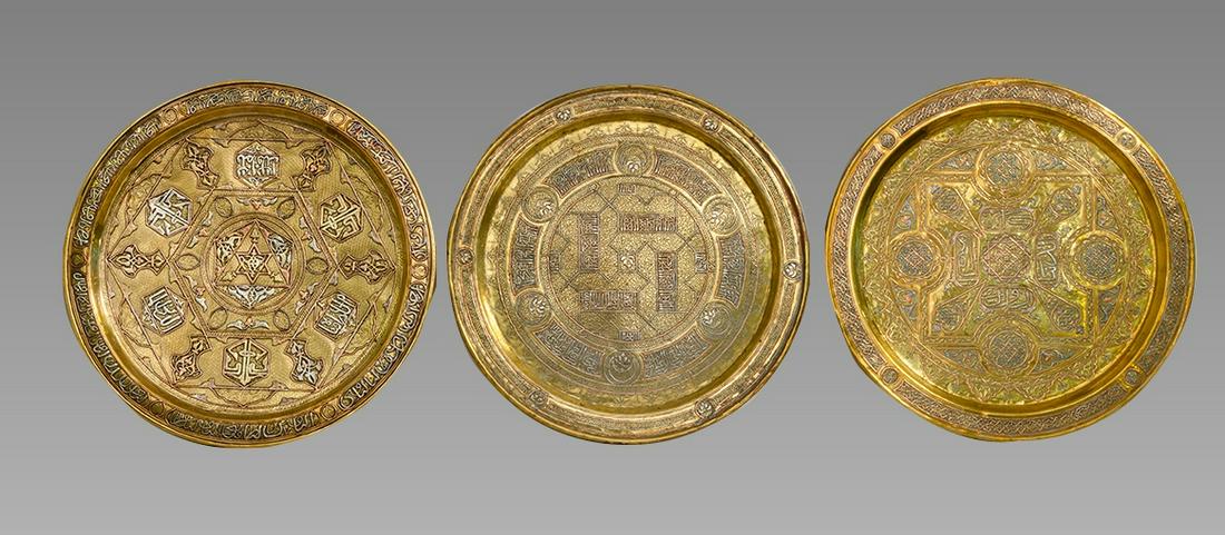 Mamluk revival Syrian Silver Inlaid Brass Trays (3). (1 of 1)