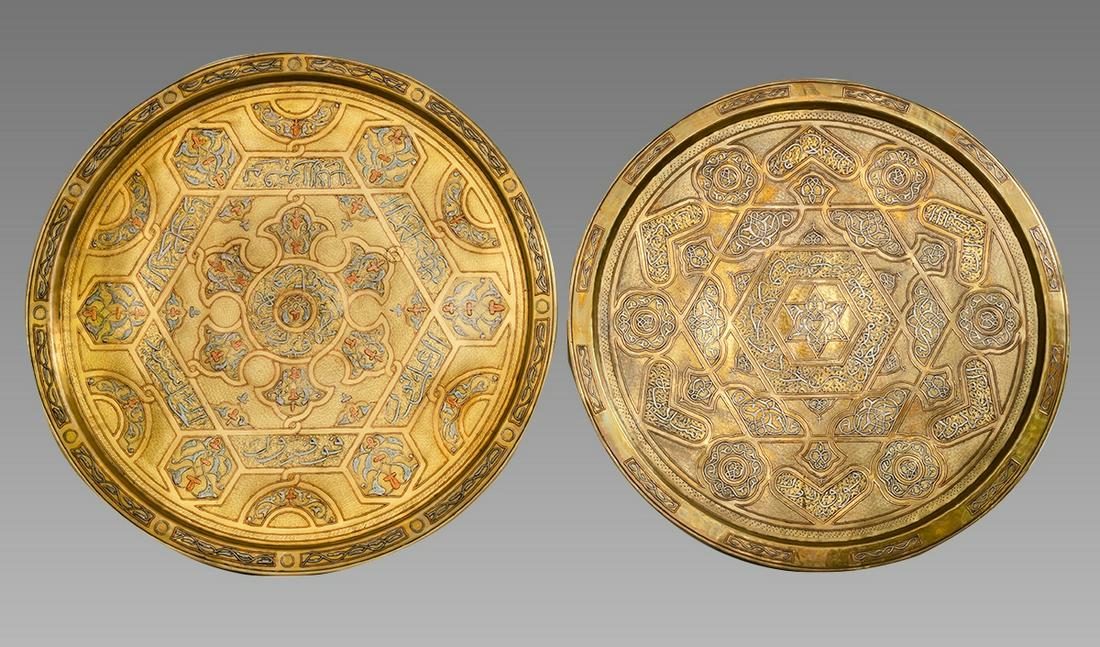 Mamluk revival Syrian Silver Inlaid Brass Trays (2). (1 of 1)