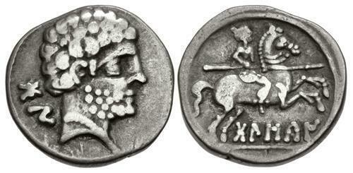 IBERIA, Bolskan. Circa 80-72 BC. AR Denarius (18mm,: IBERIA, Bolskan. Circa 80-72 BC. Silver Denarius (18mm, 3.59 g, 12h). Bare male head right / Warrior on horse rearing right, holding spear. ACIP 1423. Iridescent tone. VF. Ex Cederlind 163 (28 Februar