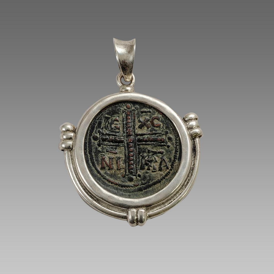 Ancient Byzantine Bronze coin set in Silver Pendant (1 of 2)