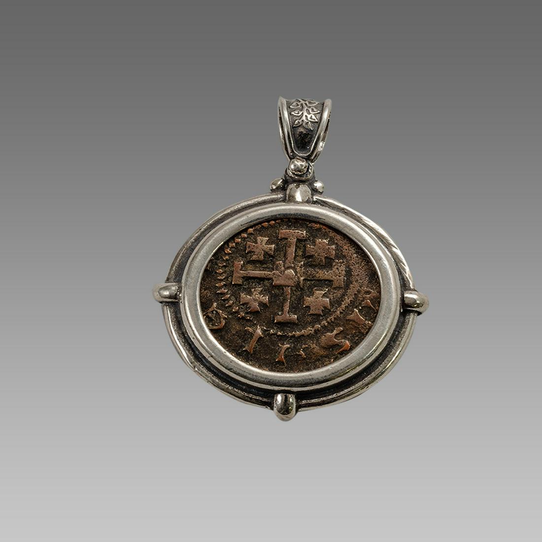 Medieval Crusaders Bronze Coin Set in Silver Pendant. (1 of 2)