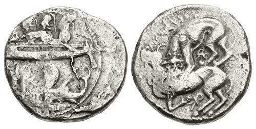 PHOENICIA, Byblos (Gebal). 'Aynel (Enylos). Shekel: PHOENICIA, Byblos (Gebal). 'Aynel (Enylos). Circa 350-316/5 BC. Silver Shekel (25.5mm, 13.02 g, 8h). Three hoplites, holding shields, on galley left above waves, prow ending in lion's head; below, hip