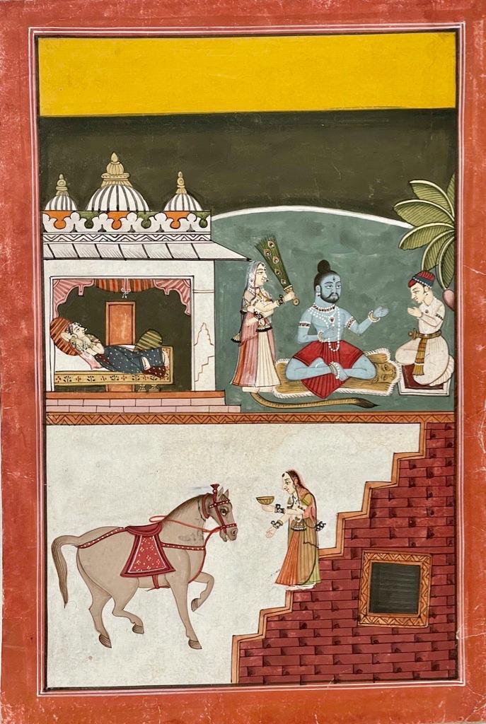 Indian Miniature gauche on paper, King: Indian Miniature gauche on paper, King seeking blessing from the Priest , Queen resting in the palace, with horse on the door step. Bundi school . India Size size 25.17 X 17 cm.