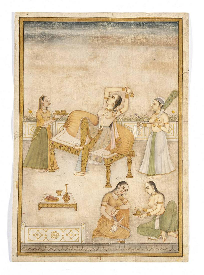 n Zenana , Gouache painting on paper enhanced with gold: n Zenana , Gouache painting on paper enhanced with gold representing five women, courtesans and maids, on the terrace of a palace. 19th century MUGHAL INDIA . SIZE 26 CM X 18 CM