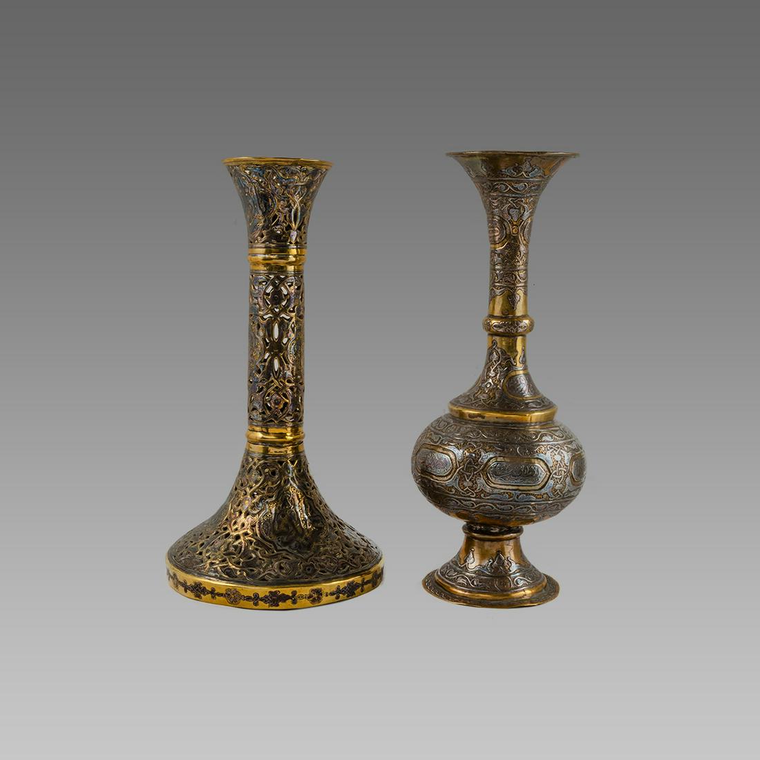 Mamluk revival Syrian Silver Inlaid Brass Vases (2). (1 of 1)