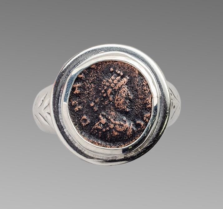 Ancient Roman Bronze Coin Constantine II in Silver Ring (1 of 2)