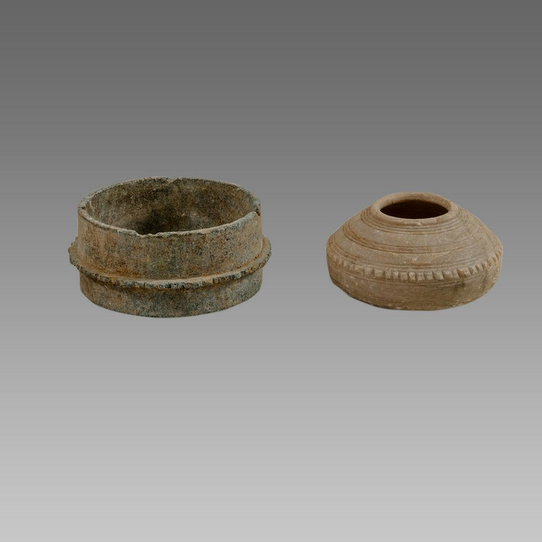 Holy land Byzantine Stone Vessels c.6th century AD.: Holy land Byzantine Stone Vessels c.6th century AD. Size 3 1/4 - 3 3/4 inches diameter, 1 3/4 inchers high. Ex Private NYC collection acquired prior to 1990's
