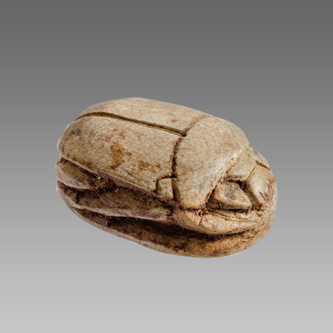Ancient Egyptian Steatite stone Scarab c.1500-1100 BCE.: Ancient Egyptian Steatite stone Scarab c.1500-1100 BCE. Size 22 x 15 mm. Glazed steatite scarab New Kingdom with stealized beatle back. Provenance: Ex Secret Eyes Gallery New York 1970's-1980's.