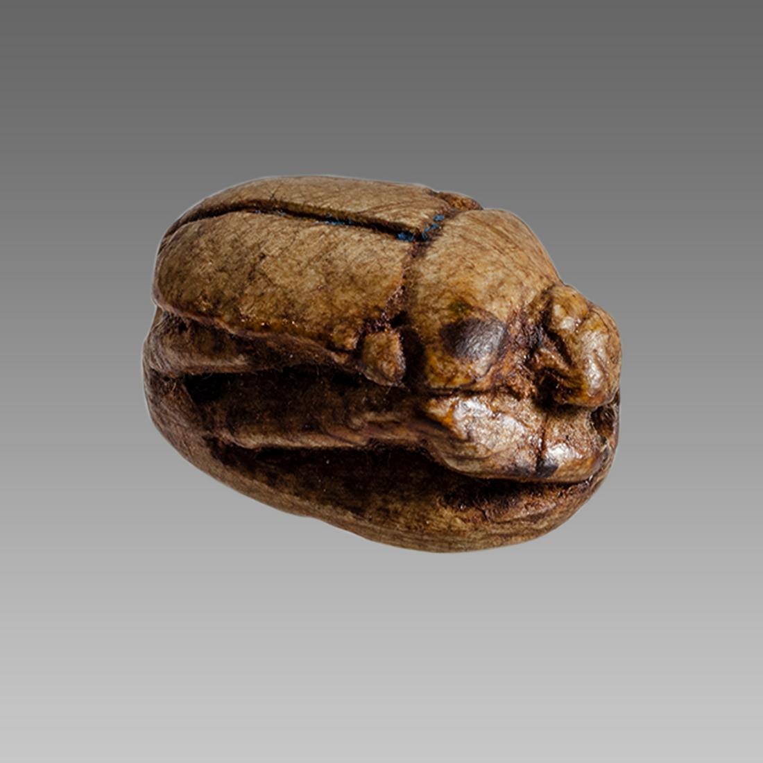 Ancient Egyptian Steatite stone Scarab c.1500-1100 BCE.: Ancient Egyptian Steatite stone Scarab c.1500-1100 BCE. Size 16 x 11 mm. Glazed steatite scarab New Kingdom with stealized beatle back. Provenance: Ex Secret Eyes Gallery New York 1970's-1980's.
