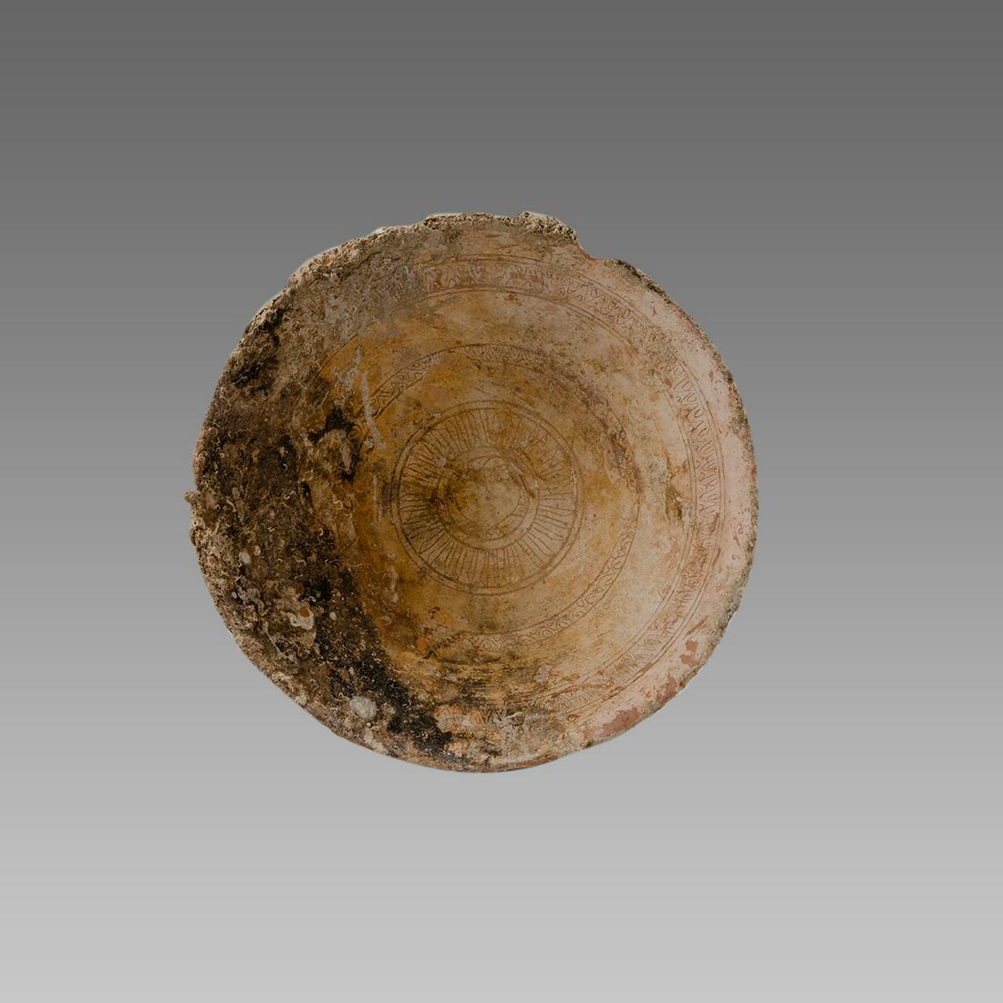 Ancient Byzantine Ceramic Bowl Sea Salvage Ca. 10th: Ancient Byzantine Ceramic Bowl Sea Salvage Ca. 10th Cent. A.D.Size: 8 1/4 inches Diameter, 2 3/4 inches high. Sea Find glazed pottery bowl standing on ring foot having flared, rounded walls. Interior 