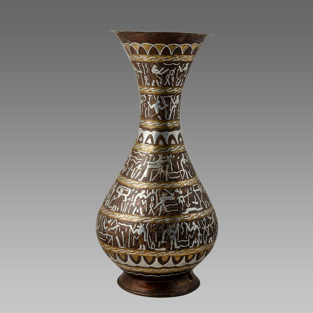 Large Copper Vase Silver Inlaid Egyptian Motive. (1 of 2)