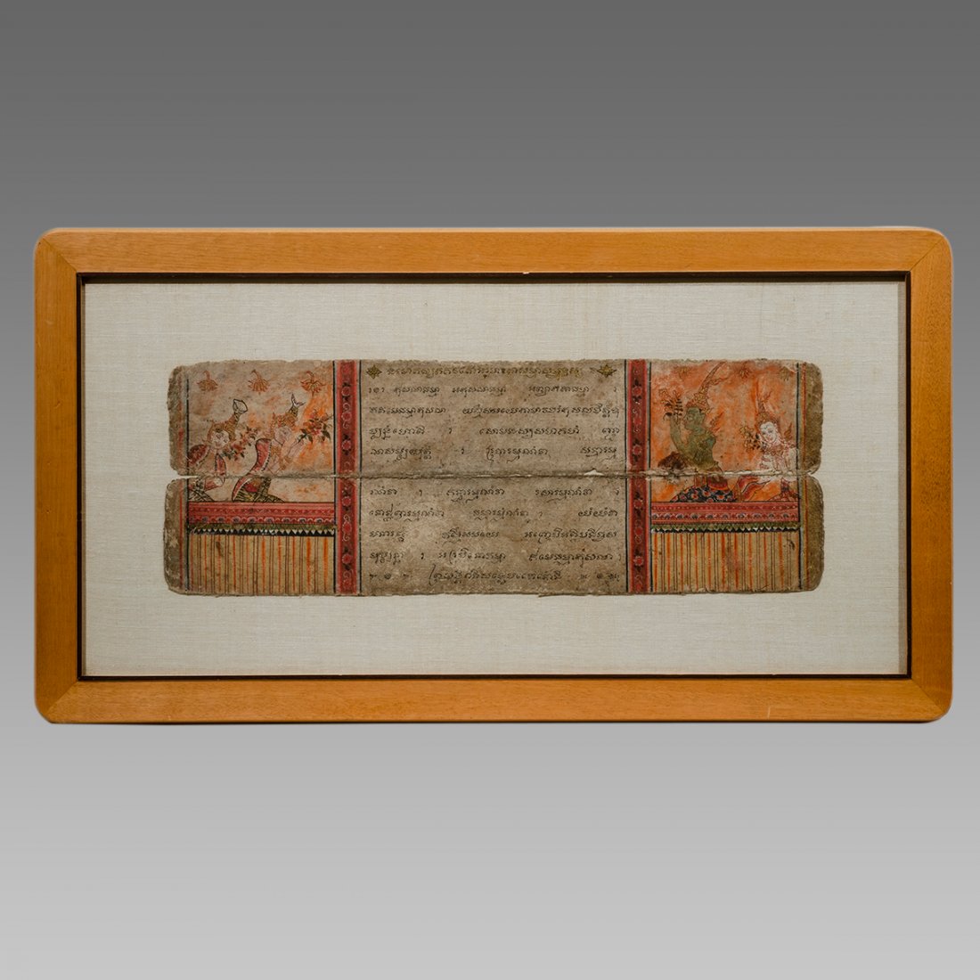 Nepal, Manuscript Page with calligraphy, Diety.: Nepal, Manuscript Page with calligraphy, Diety. Size of the Frame 33 1/4 x 18 inches. Antique Nepal Manuscript page with calligraphy and miniature painting. mounted in a wooden frame.